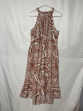 Nine West Rust and White High-Low Halter Zebra-Print Dress